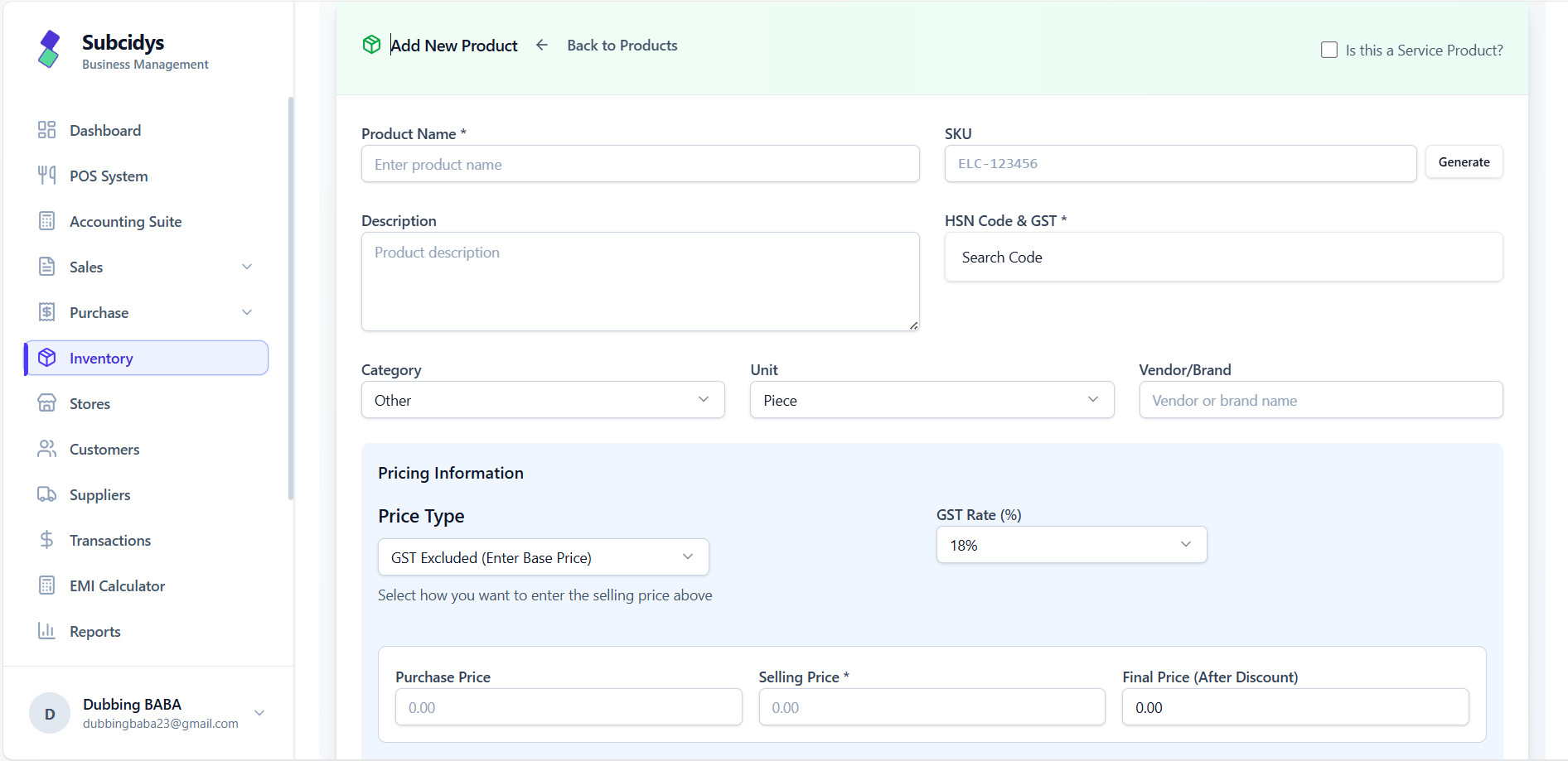 Add new product form