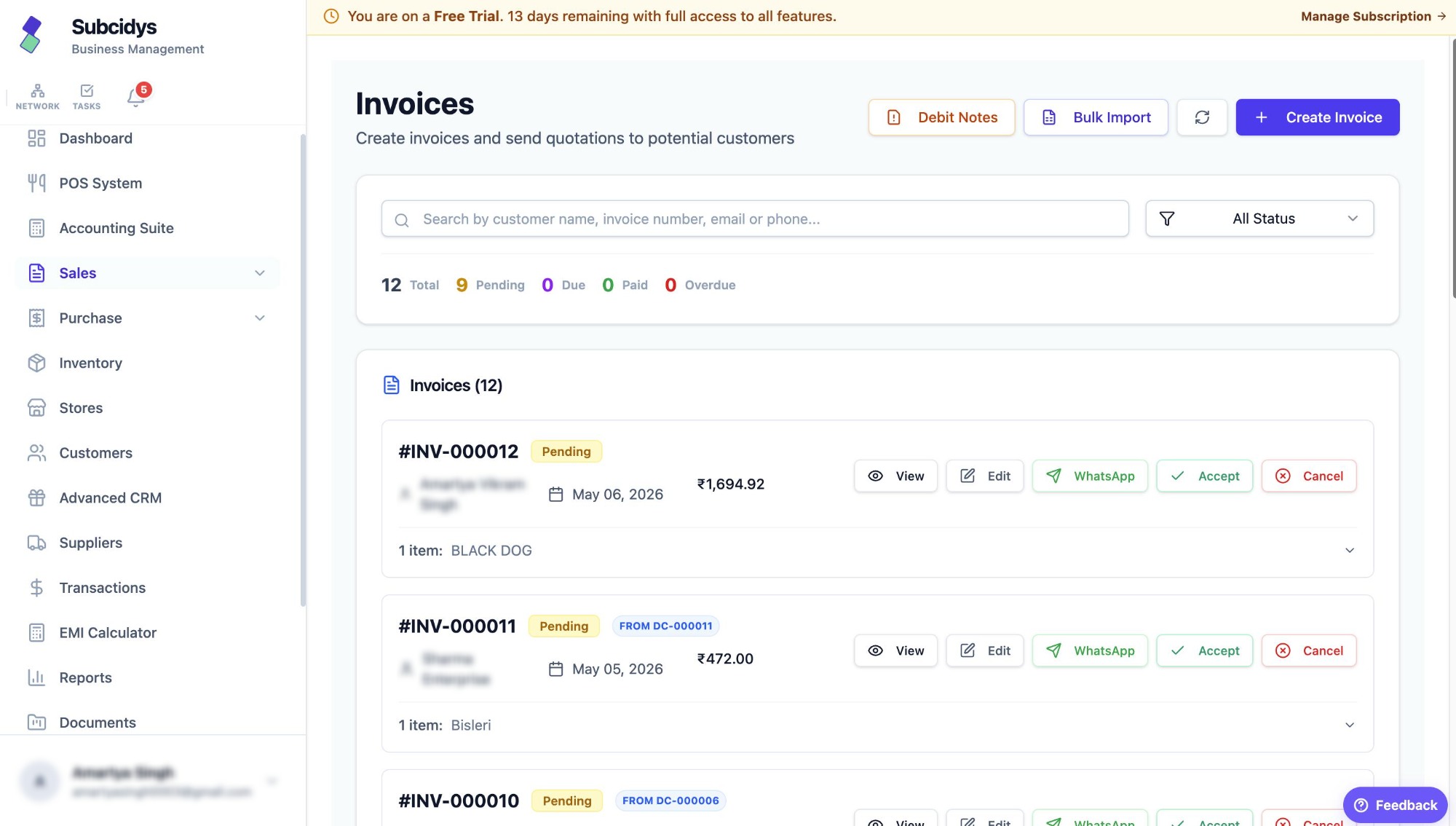 Invoices & Quotations dashboard