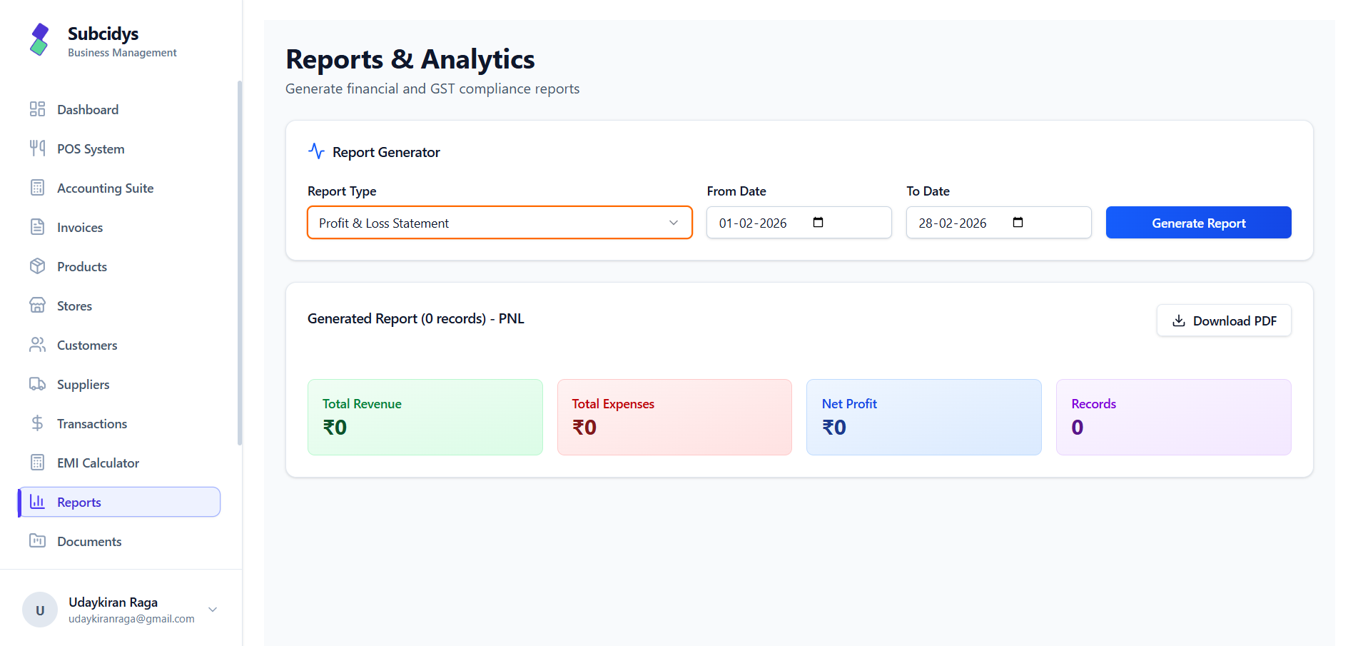 Profit & Loss generated report