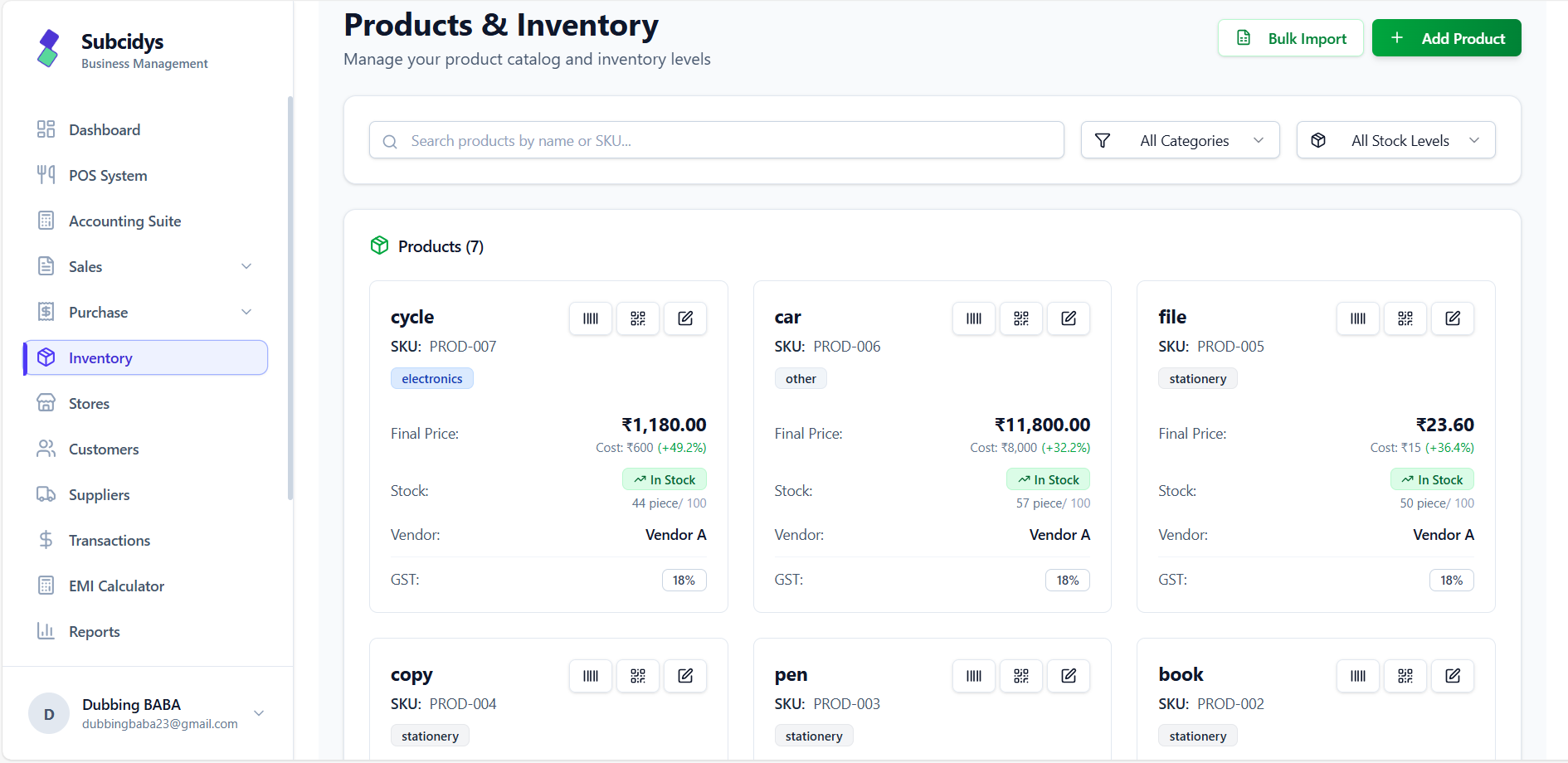 Products & Inventory dashboard