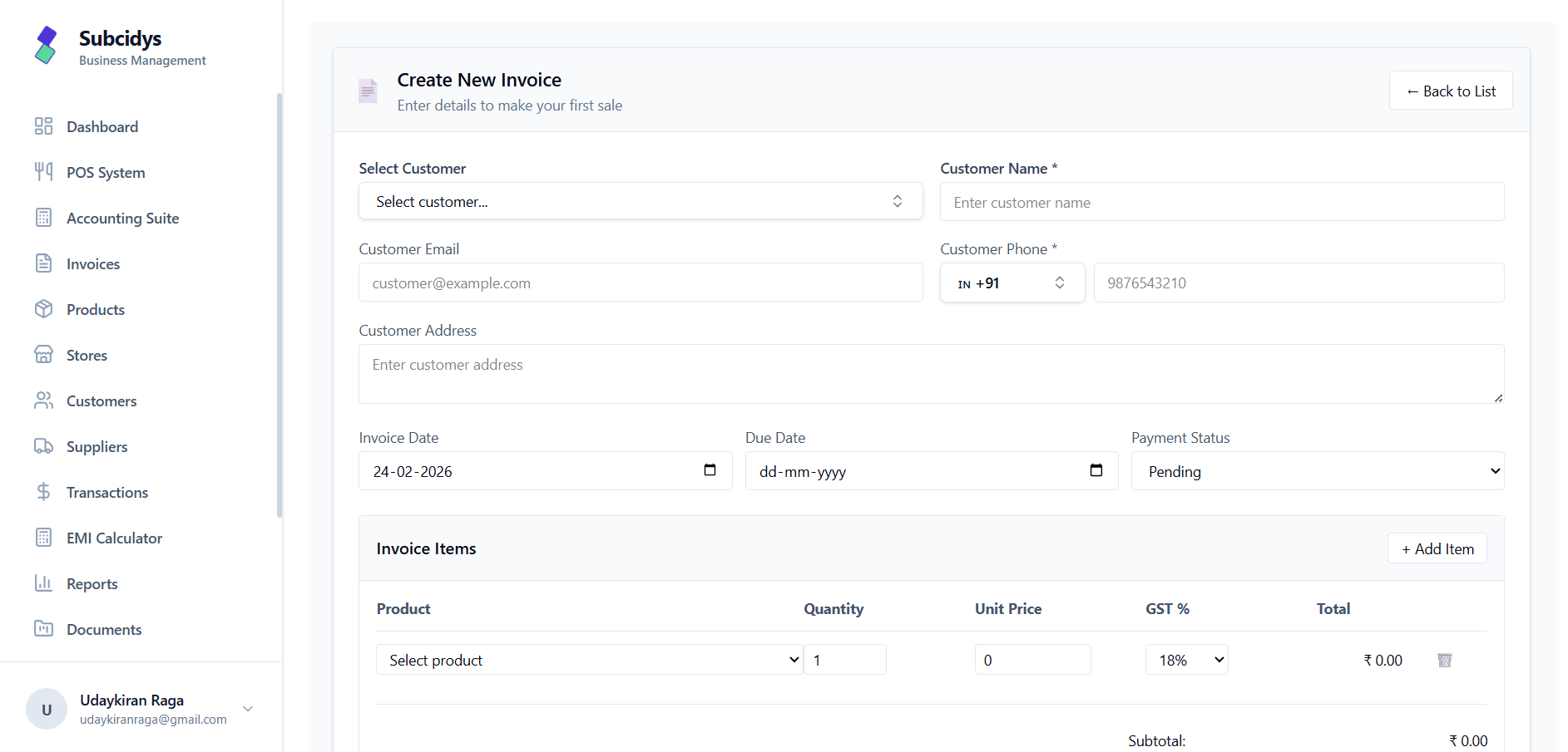 Create new invoice form