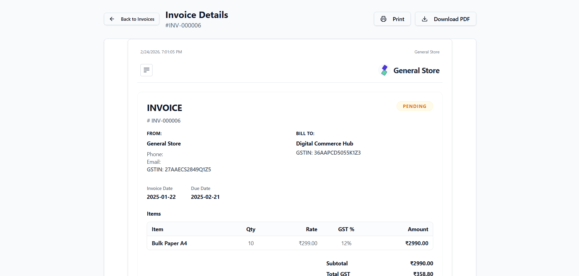 Invoice details view